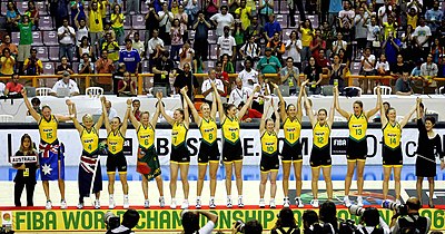 A photograph of the Australian National women's basketball team which won the 2006 FIBA World Championship for Women in basketball