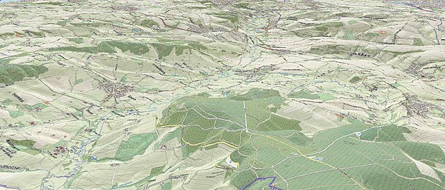 Topografisch 3D kaartbeeld van het Geuldal, gezien vanaf het Vijlenerbos richting Valkenburg