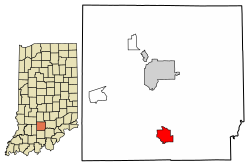 Location of Mitchell in Lawrence County, Indiana.