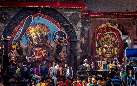 Statue of Kaal Bhairab and Mask of Sweta Bhairab at Basantapur Durbar Square during the biggest religious street festival in Kathmandu, Indra Jatra by Ajay Maharjan