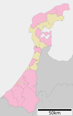 Mapa konturowa prefektury Ishikawa, w centrum znajduje się punkt z opisem „Kahoku”