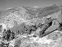 A line of soldiers on a hill engaged in a battle