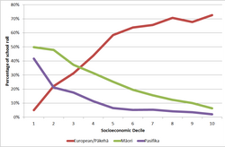 European/Pakeha students make up less than 10% of the student body in 1st-decile schools and over 70% in high-decile schools. Maori and Pacífica students make up 50 and around 42% respectively in 1st-decile schools, and less than 10% each in 10th-decile schools.