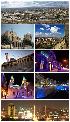 Kota Purba Aleppo Kubu kota Aleppo • Pintu masuk ke Souq al-Madinah Masjid Agung Aleppo • Hotel Baron Katedral Saint Elijah • Sungai Queiq Panorama Aleppo pada waktu malam