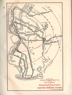 A 1914 map showing what was at the time the proposed expansion for the BRT. The only major differences from what was built is that a new 60th Street Tunnel was used rather than the پل کوئینزبورو، the Manhattan-side پل بروکلین connection was never built, and several lines ended up with fewer tracks than shown.