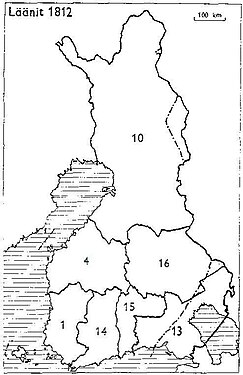 1812: 1: Turku en Pori 4: Vaasa 10: Oulu 13: Viipuri 14: Nyland en Tavastehus 15: Kymmenegård 16: Savolax en Karelia