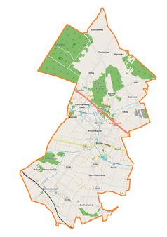 Mapa konturowa gminy Kurów, u góry nieco na prawo znajduje się punkt z opisem „Choszczów”