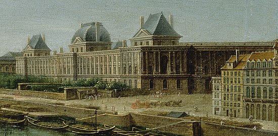 Detail from a 1763 painting by Raguenet showing the south wing with its new façade. The new rows of rooms added behind the new facade in front of Le Vau's older facade remained unroofed, and the topmost stories and steep-pitched roofs of the old pavilions had not yet been removed.