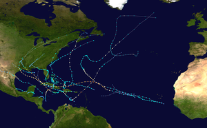 A map of the tracks of all the storms of the 2008 Atlantic hurricane season