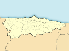 Mapa konturowa Asturii, blisko centrum u góry znajduje się punkt z opisem „Estadio El Molinón”