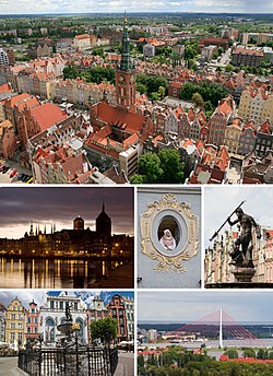 Tap: View o Central Gdańsk an Main Ceety Haw, Middle o left: Auld Toun an Motlawa River in nicht, Centre: The Maiden in the Window in Mariacka Street, Middle o richt: Foontain o Neptune Statue at Lang Mercat Street, Bottom left: Neptune statue in front o Artus Coort in Lang Mercat Street, Bottom richt: Third Millennium John Paul Ⅱ Brig