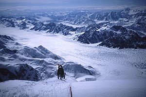 Blick von der Südwestflanke des Mount Hunter auf den Kahiltna-Gletscher