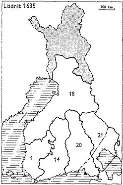 1634 1: Turku en Pori 14: Nyland en Tavastehus 18: Oost-Botnië 20: Viborg en Nyslott 21: Kexholm