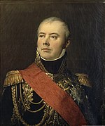 Painting of a man decked out in an elaborate high-collared dark blue military uniform with lots of gold braid. His head is tilted back so his nose is slightly upturned and he has thinning gray hair.