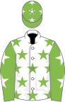 White, light green stars, light green sleeves, white stars and stars on cap