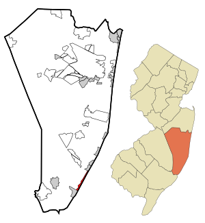 Location of North Beach Haven in Ocean County highlighted in red (left). Inset map: Location of Ocean County in New Jersey highlighted in orange (right).