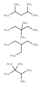 Izomery heptanu (od góry): 2,4-dimetylopentan, 3,3-dimetylopentan, 3-etylopentan, 2,2,3-trimetylobutan