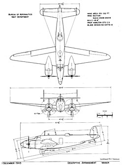 A PV-1 Ventura járőrbombázó háromnézeti rajza