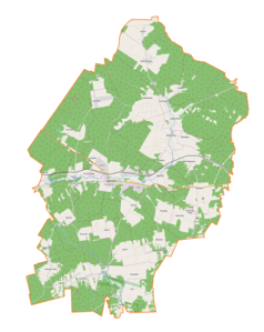 Mapa konturowa gminy Stąporków, po prawej znajduje się punkt z opisem „Odrowąż”