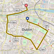 An illustrated map of Dublin with the route of the prologue time trial