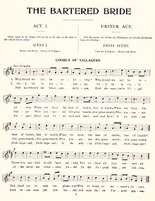 En side med noder viser en melodi under overskrifterne "The Bartered Bride", "Act I", "Scene I" og "Chorus of villagers".