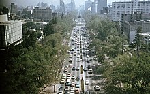 An avenue with multiple cars. In the distance there is a traffic circle with the palm tree.