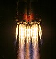 Closeup of booster and core stage engines of a Soyuz 2.1a during launch