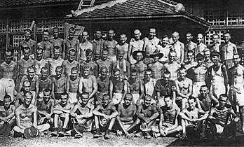 Malnourished Australian POWs forced to work at the Aso mining company, August 1945