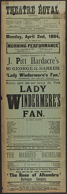 A pale green playbill with black lettering advertising a performance of Lady Windermere's Fan at the Theatre Royal, Exeter, on 2 April 1894