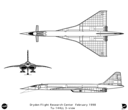 A NASA által használt Tu–144LL háromnézeti rajza