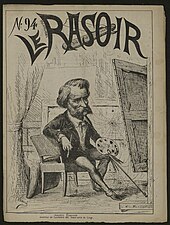 Caricature d'Auguste Chauvin assis tenant ses pinceaux et regardant une toile dans une salle remplie de toiles d'araignées.