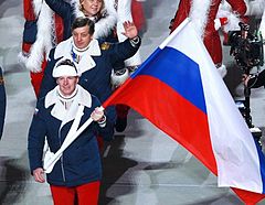 Alexander Subkow trug bei der Eröffnungsfeier der Olympischen Winterspiele 2014 die russische Fahne