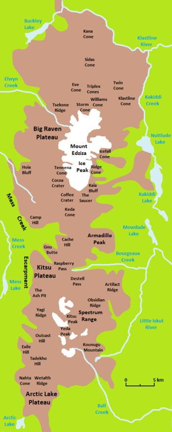 A mostly green and brown map with labels depicting the locations of several geographical features.