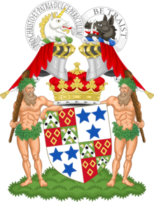 A coat of arms depicting two humanoids with their arms utop a crest with blue stars on a white background on the top right and bottom left corners and some red and green decorations on the remaining corners. On top of the crest is a red crown on top of which on either side with a knights head helmet with a horse head sitting on one helmet and a hog head on the other. The text apon the horse head reads "Pro-christo et patria dulce periculum" and atop to hog head "Be traist"