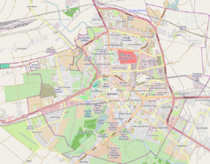 Mapa konturowa Zamościa, blisko centrum na dole znajduje się punkt z opisem „Siedziba spółki”