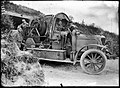 1916 - Near the Neuville-au-Pont: a winch truck from aerostation (A. C. KREBS system winch) PANHARD K19 SS camouflaged comes out of its shelter.