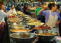 Food stall in Chiang Mai, Thailand selling ready cooked food.