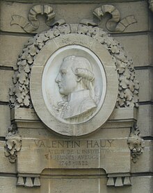 Portrait de profil de Valentin Haüy, en médaillon au-dessus de la fontaine du puits de Grenelle, place Georges-Mulot à Paris.