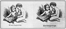 Two similar images, each showing 2 children reading a magazine. One child is seated on a floor and holds the magazine; the second child is kneeling. The left image has the description "Wood Engraving." underneath it; the right image has the description "Electrotype Copy." underneath it. The two images are nearly identical.