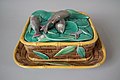 VPC Victoria Pottery Company Sardine Box and cover, 7.9 in, coloured glazes majolica, c. 1880