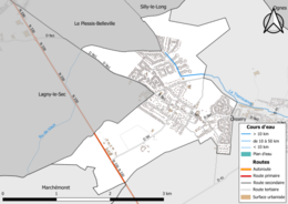 Carte en couleur présentant les réseau hydrographique de la commune