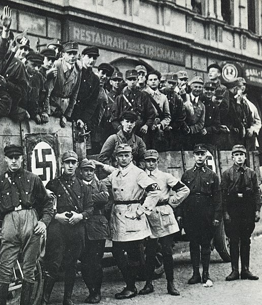 File:NSDAP Sturmabteilung SA Brauhemden Hitler-Bewegung Lastwagen Hakenkreuz Uniformen (Restaurant Strickmann) Nazi party brownshirts swastika truck Weimar Republic Germany 1920s Section of photo No known copyright restrictions.jpg