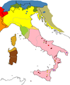 Las lenguas regionales de Italia según Clemente Merlo y Carlo Tagliavini en 1939.