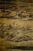 Wintry Groves and Layered Banks, ca. 950. Hanging Scroll, ink and color on silk, Kurokawa Institute, Japan.