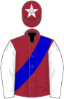 Maroon, white sleeves, maroon cap, white star, blue sash