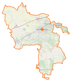 Mapa konturowa powiatu grodziskiego, blisko centrum na prawo u góry znajduje się punkt z opisem „Grodzisk Mazowiecki Okrężna”