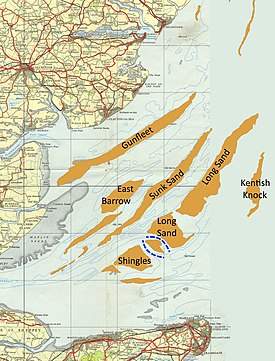 The main sandbanks of the Thames estuary, about 1953. The dashed lines between Long Sand and Shingles indicate the Edinburgh Channels