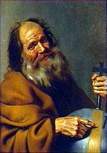 Circle of Hendrick Bloemaert. Democritus label QS:Les,"Demócrito" label QS:Lpl,"Demokryt" label QS:Len,"Democritus" 1625-1650. oil on panel medium QS:P186,Q296955;P186,Q106857709,P518,Q861259 . 71 × 54.6 cm (27.9 × 21.4 in). New York City, Christie's (4 October 1996).