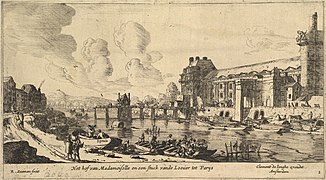 The Pont Rouge (now Pont Royal), Pavillon de Flore and western section of the Grande Galerie with the Tour du Bois still standing in the mid-17th century, by Reinier Nooms