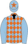 Light blue, orange diamonds on body, star on cap